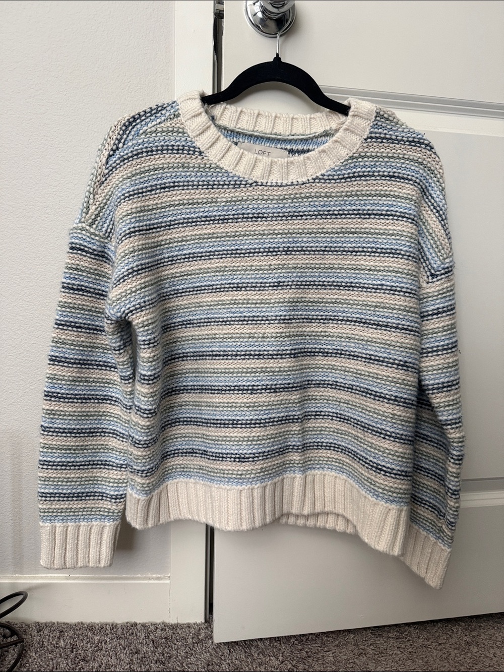 LOFT Striped Crewneck Sweater in Cream and Light Blue Tones